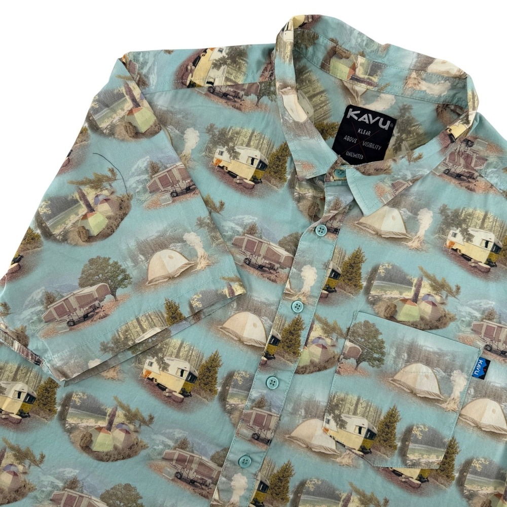 KAVU Camping‎ Print Button Down Shirt Mens L Short Sleeve Trailer Tent Gorpcore